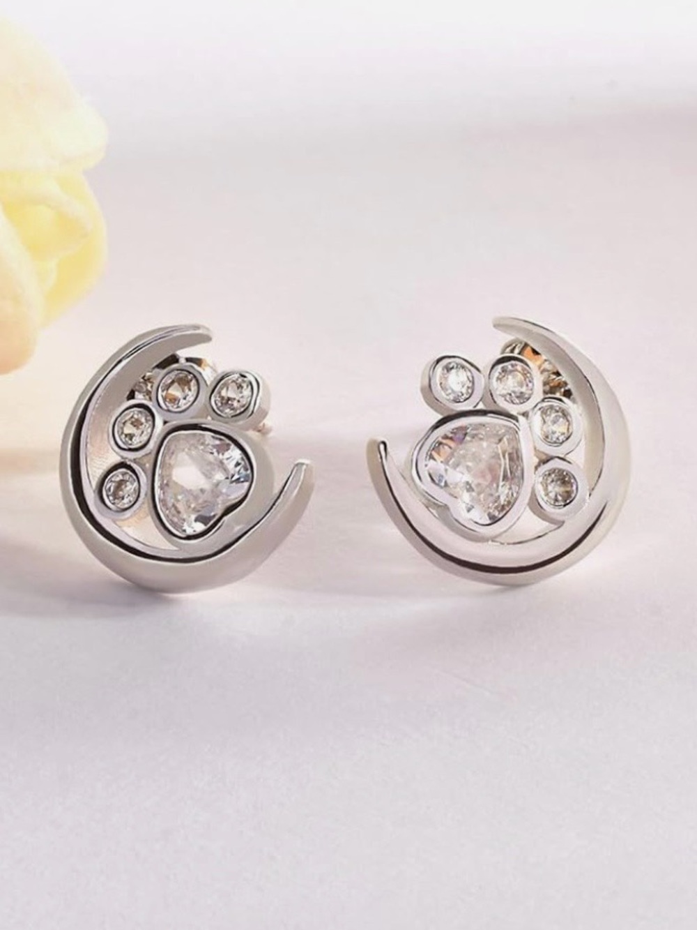 Silver Paw Print Crescent Crystal Stud Earrings
